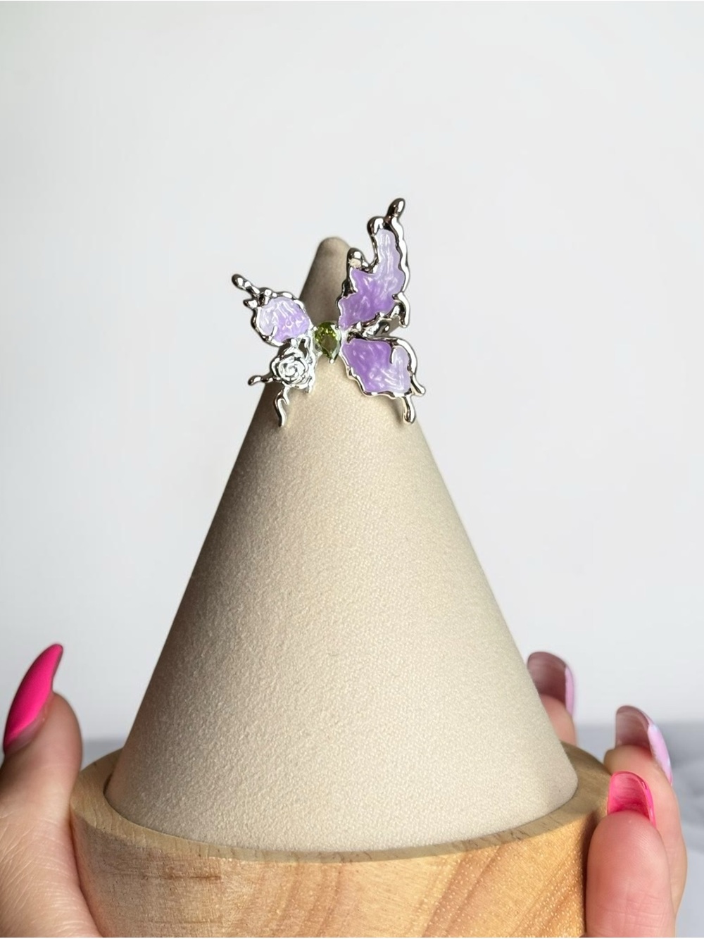 Silver Plated Adjustable Lavender Butterfly Ring